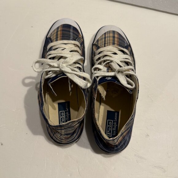VINTAGE Polo Ralph Lauren Plaid High Top Sneakers Shoes Mens Size 10.5 Madras - Picture 3 of 13